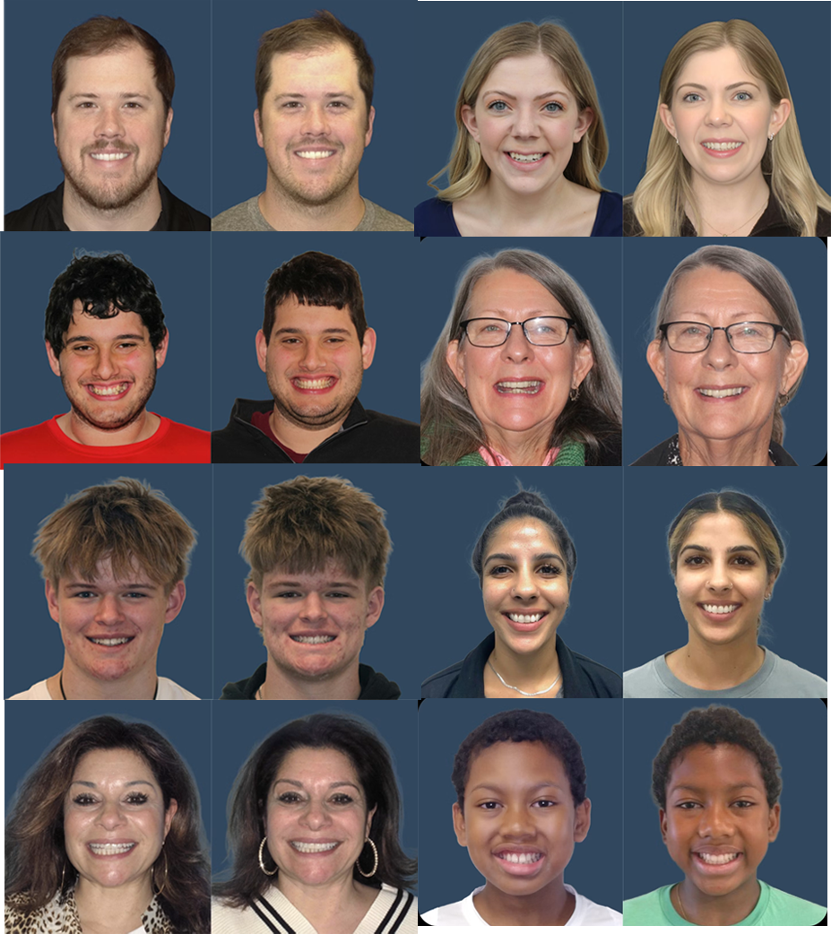 Grid of sixteen diverse adults smiling, arranged in four rows on a blue background.