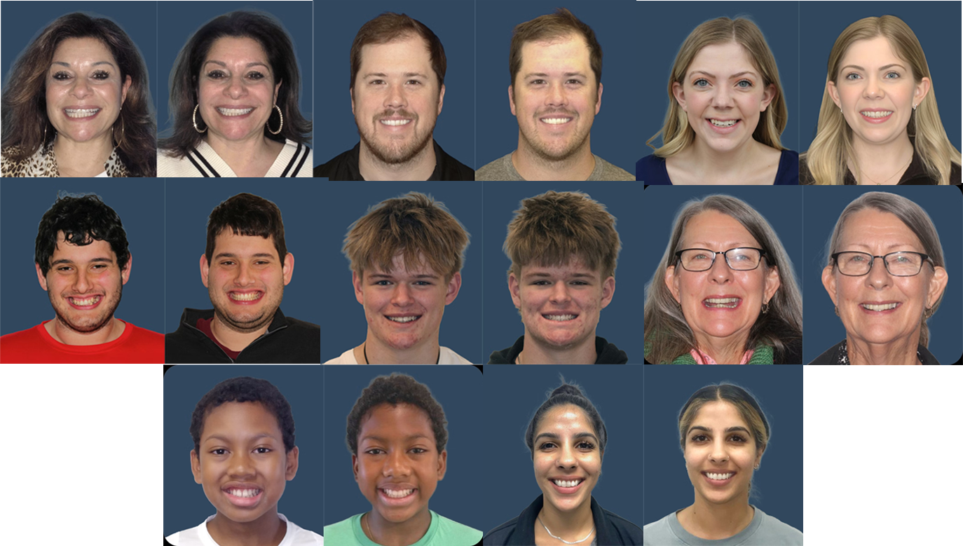 Collage of smiling diverse people posed against a blue background.